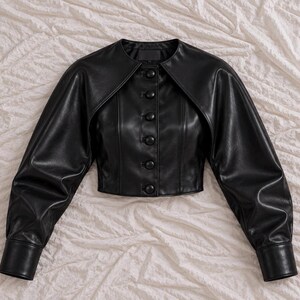 Black Genuine Leather Cropped Jacket, Cape Shoulder Overlay and Button Front