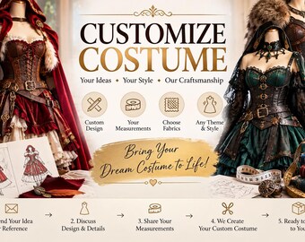 Puede incluir: Un gráfico promocional de disfraces personalizados con dos maniquíes que visten trajes elaborados, uno rojo y otro verde. El texto incluye CUSTOMIZE COSTUME, Your Ideas, Your Style, Our Craftsmanship y Bring Your Dream Costume to Life!