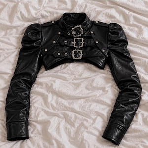 Black Leather Bolero Jacket | Gothic Buckle Chain Crop Military Style