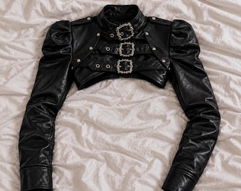 Chaqueta bolero de cuero negro / Chaqueta corta estilo militar con hebilla y cadena de estilo gótico