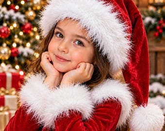 Puede incluir: Un gorro de Papá Noel de terciopelo rojo con un borde grueso de piel sintética blanca y esponjosa en la base y un pompón blanco a juego en la punta. El gorro está confeccionado con una tela roja suave de textura afelpada y forma puntiaguda.