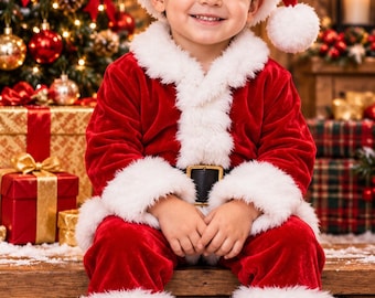 Puede incluir: Un disfraz de Papá Noel de terciopelo rojo que incluye una chaqueta de manga larga con ribetes de piel sintética blanca en los puños y la parte delantera, pantalones de terciopelo rojo a juego con puños de piel sintética blanca y un gorro.