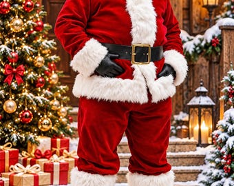 Puede incluir: Santa Claus viste un traje de terciopelo rojo con ribetes de piel sintética blanca, un cinturón de cuero negro con hebilla dorada, guantes de cuero negro y botas de cordones marrón oscuro, junto a un gorro rojo a juego con pompón.