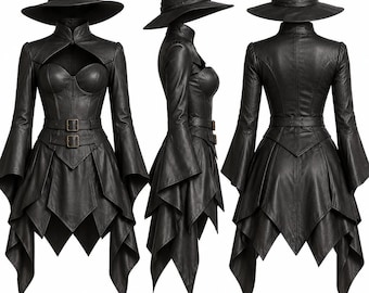 Puede incluir: Un conjunto negro de aspecto cuero que consta de un sombrero puntiagudo y una chaqueta de manga larga con escote corazón, cuello alto y detalle de abertura en el pecho. La chaqueta presenta una cintura con cinturón y dos hebillas.