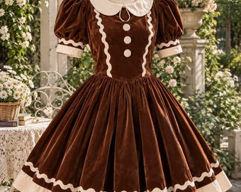 Puede incluir: Un vestido de terciopelo marrón con mangas cortas abullonadas, un cuello redondo color crema y tres botones redondos en el corpiño. La prenda está decorada con un ribete ondulado color crema a lo largo del corpiño, los puños y el dobladillo.