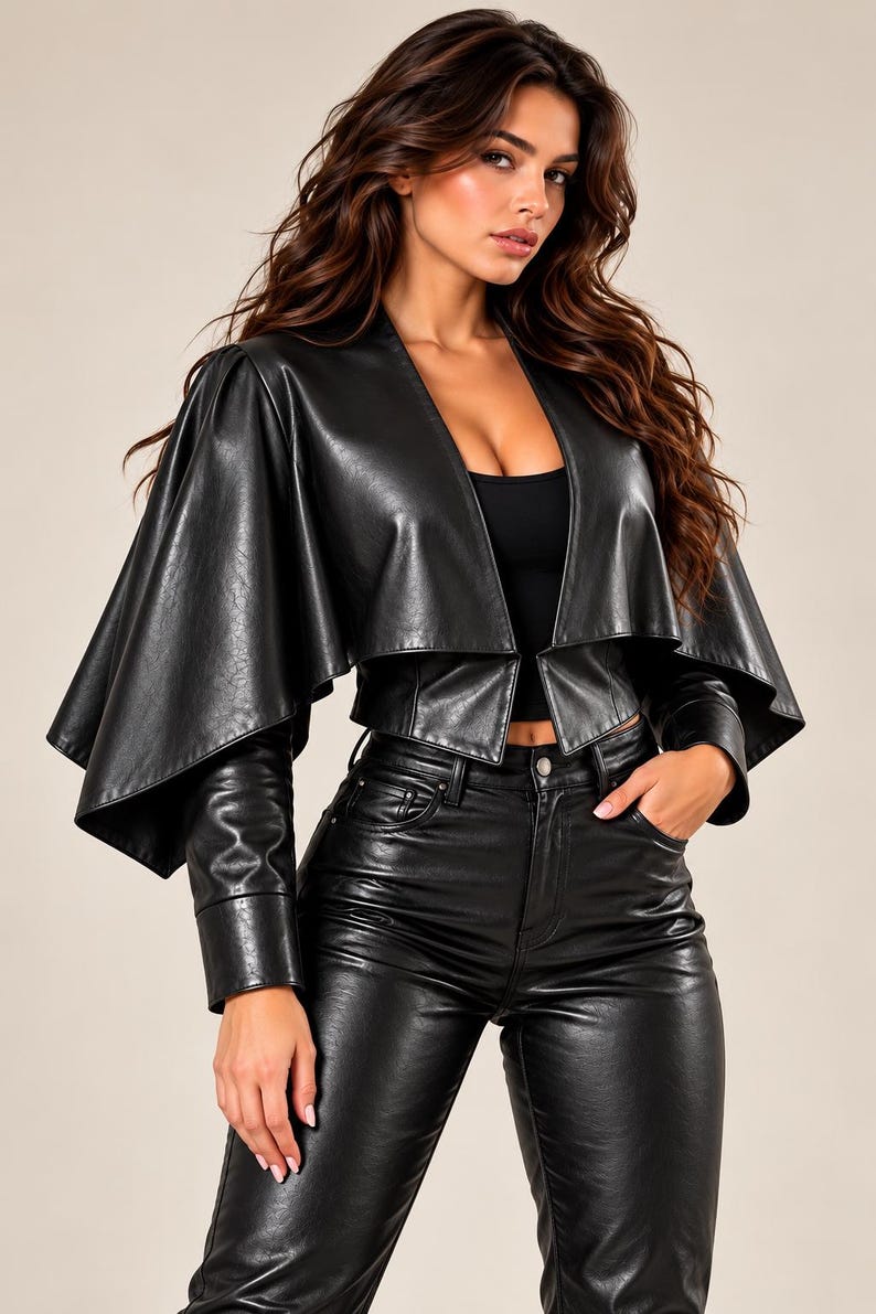 Black Genuine Leather Cape Jacket | Asymmetric Draped Outerwear with Fitted Sleeves Black