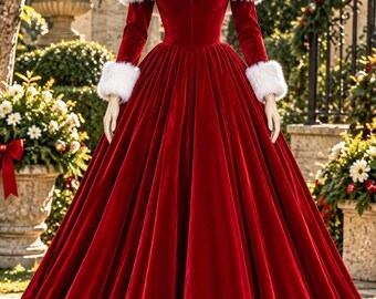 Vestido de Papá Noel de terciopelo rojo, vestido de baile navideño con hombros descubiertos y ribete de piel sintética.
