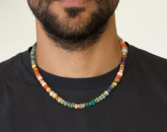 Gemstone Tribal Beaded Necklace, Men's Boho Surfer Choker