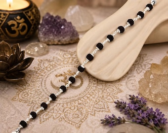 Schwarzes Rudraksha Sterling Silber Armband, spiritueller Meditations Schmuck