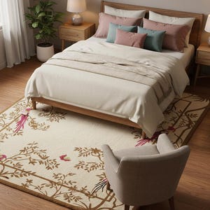 May include: A bedroom scene featuring a wooden bed with a cream-colored comforter and pillows in shades of pink and teal. A patterned rug with birds and branches sits beneath the bed, and a neutral-toned armchair is in the foreground. Two bedside tables with lamps complete the scene.