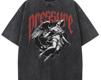 Washed Graphic Shirt “Pressure” – Vintage Washed T-Shirt with Angel Print, Dark Aesthetic Unisex Washed Tee