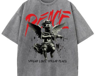 Peace Angel Graphic T-Shirt – Vintage Dark Wash Tee, Streetwear Art Shirt, Statement Unisex T-Shirt