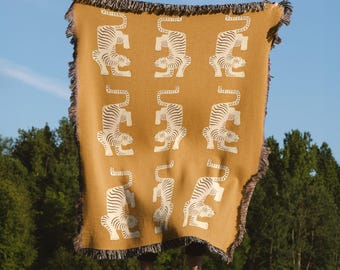 Jacquard Woven Blanket, 100% Cotton, Retro Ochre Tiger Pattern, Made in USA