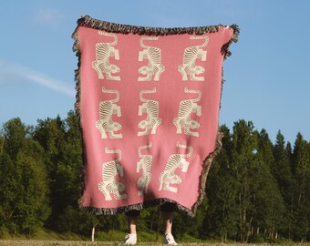 Jacquard Woven Blanket, 100% Cotton, Pink Tiger Pattern, Made in USA