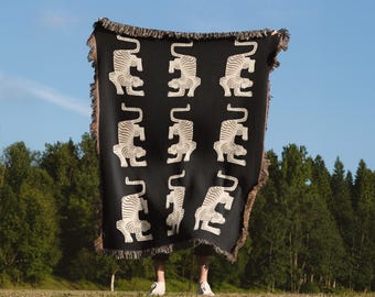 Jacquard Woven Blanket, 100% Cotton, Retro Black Tiger Pattern, Made in USA