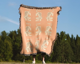 Jacquard Woven Blanket, 100% Cotton, Retro Beige Tiger Pattern, Made in USA