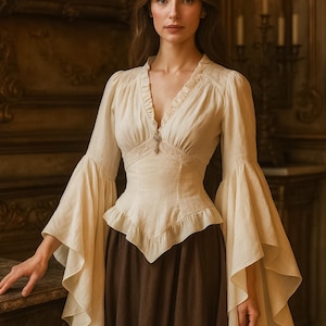 Medieval Court Style Blouse, Renaissance & Fantasy Wear for Women, Halloween Long Sleeve Top with Flared Sleeves, Gothic Cosplay Costume