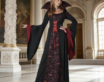 Gothic Vampire Dress, Castle Vampire Queen Cosplay,Retro Court Vampire Dress, Black and Red Night Witch Costume,  Court Style Costume
