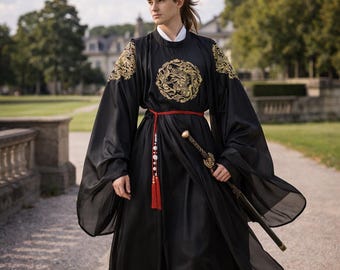 Hanfu Set, Black Embroidered Round-Neck Robe, Cosplay, Stage Performance Costume
