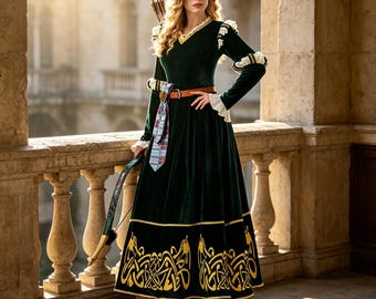 Merida Cosplay Costume, Green Velvet Medieval Princess Dress, Brave Cosplay Costume, Halloween Party Costume