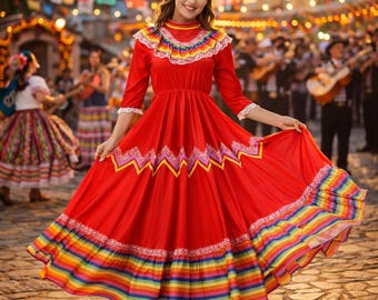 Mexican Folk Dance Costume, Traditional Mexican Festival Long Skirt, Bohemian Style Stage Performance Costume