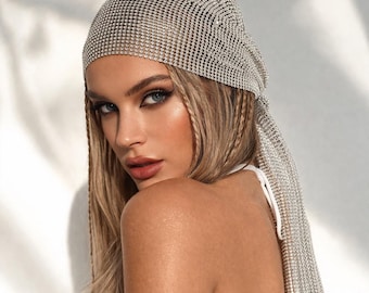 Rhinestone Mesh Headwrap, Sheer Fishnet Beanie, Sparkly Crystal Hair Scarf, Elastic Party Headpiece, Long Short Net Hat, For Music Festivals