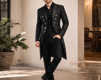 Men's Gothic Steampunk Tuxedo Jacket, Victorian Brocade Tuxedo Coat, Gothic Wedding Jacket, Cosplay Costume
