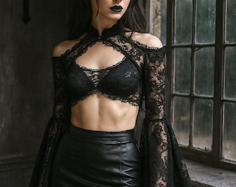 Halloween Gothic Black Lace Shawl, Steampunk Cosplay Witch Shawl, Halloween Long Sleeve Bolero, Lace Cape, Halloween Costume Accessory