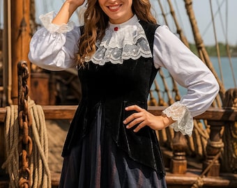 Caribbean Pirate Queen Costume, Halloween Pirate Cosplay Dress with Hat