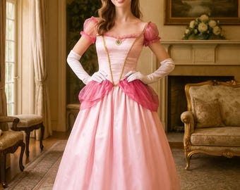 Princess Peach Cosplay Costume, Nintendo Dress, Gloves & Clip