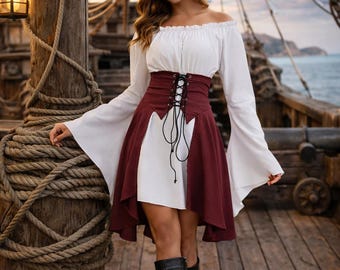 Renaissance Off Shoulder Dress Set, Corset High Waist Skirt, Black or Red, Witch Cottagecore Outfit, Halloween Costume for Women