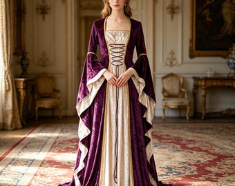 Medieval Renaissance Maxi Dress, Floor-Length with Bell Sleeves and Tie, Vintage Victorian Style Costume, Halloween Cosplay