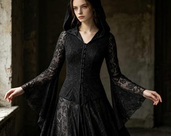 Gothic Medieval Lace Dress, Victorian Lolita Maxi Dress, Bell-sleeved Long Dress, Halloween Costume, Stage Performance Costume