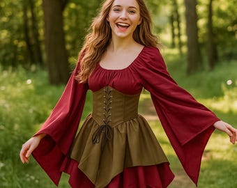 Renaissance Bell Sleeve Gown, Medieval Renaissance Corset Dress, Women's Renaissance Cosplay Dress with Bell Sleeve, Halloween Outfit