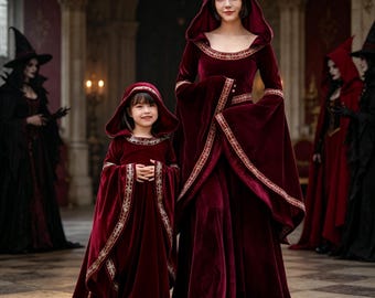 Medieval Burgundy Witch's Robe, Hooded Robe Parent-child Set, Halloween Role-playing