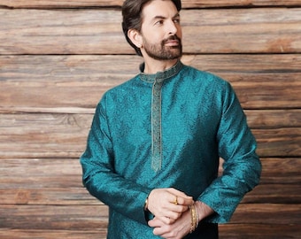 Teal Green Kurta Men, Embroidered Silk Cotton, Mandarin Collar Straight Thread Work