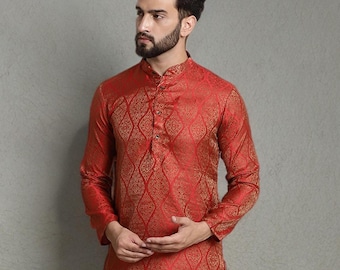 Red Golden Kurta Men, Ethnic Motifs Jacquard, Mandarin Collar Straight Kurta