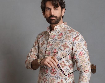 Creme Kurta Männer, Geometrischer Druck Baumwolle Leinen, Stehkragen Gerade ethnische Kurta