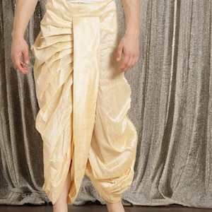 Beige Solid Dhoti Men, Stitched Silk Blend Dhoti, Drawstring Closure Ethnic Bottom