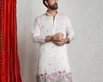 White Red Kurta Men, Floral Embroidered Cotton Silk, Mandarin Collar Thread Work