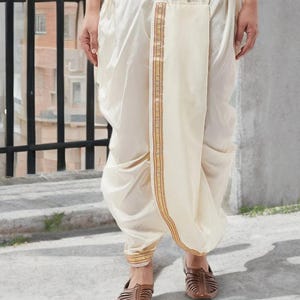 Off White Dhoti Men, Stitched Silk Blend Dhoti, Zari Border Drawstring Ethnic Bottom