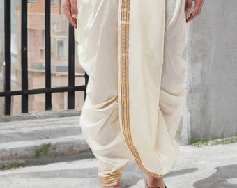 Off White Dhoti Men, Stitched Silk Blend Dhoti, Zari Border Drawstring Ethnic Bottom