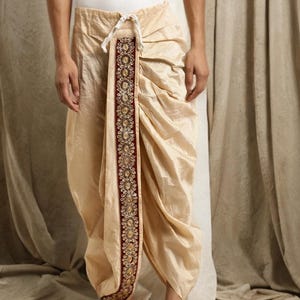 Beige Embroidered Dhoti Men, Silk Blend Ready to Wear, Drawstring Ethnic Bottom