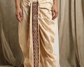 Dhoti beige ricamato da uomo, misto seta, pronto da indossare, fondo etnico con coulisse