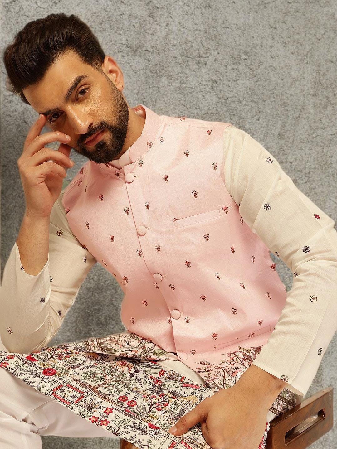 Pink Nehru Jacket Men, Embroidered Woven Mandarin Collar