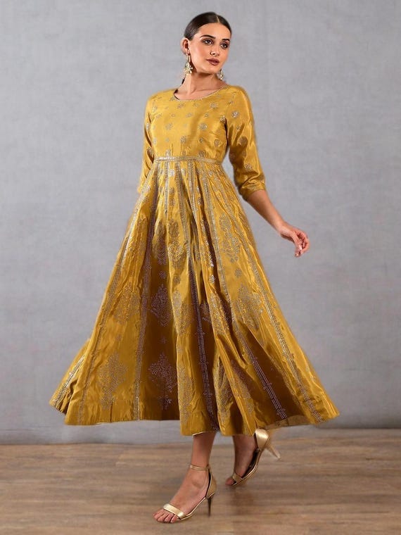 silver or gold with yellow dress Mustard Ethnic Motifs Sequinned Maxi Women Old money fashion