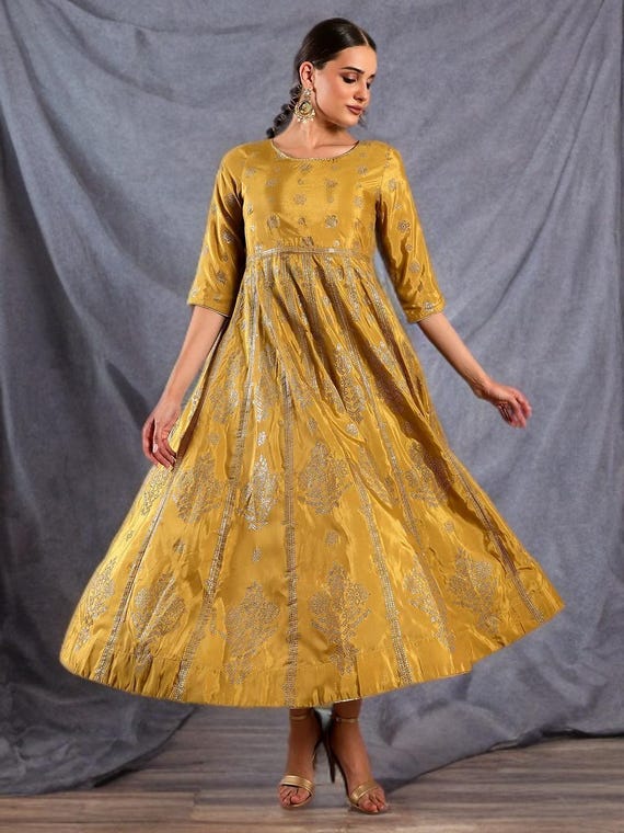 gold or silver with yellow dress Mustard Ethnic Motifs Sequinned Maxi Women Holiday Romance