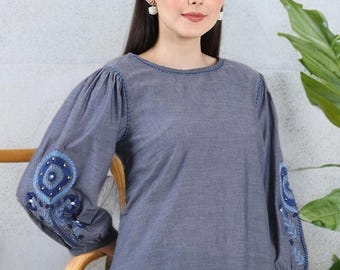 Grey Blue Puff Sleeve Top, Cotton Cottagecore Blouse, 3/4 Sleeve Minimal Shirt