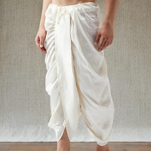 Off White Dhoti Men, Solid Silk Blend Dhoti, Mid Rise Drawstring Ethnic Bottom