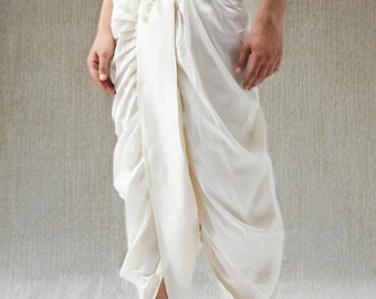 Dhoti da uomo color bianco sporco, Dhoti in misto seta tinta unita, fondo etnico con coulisse a vita media